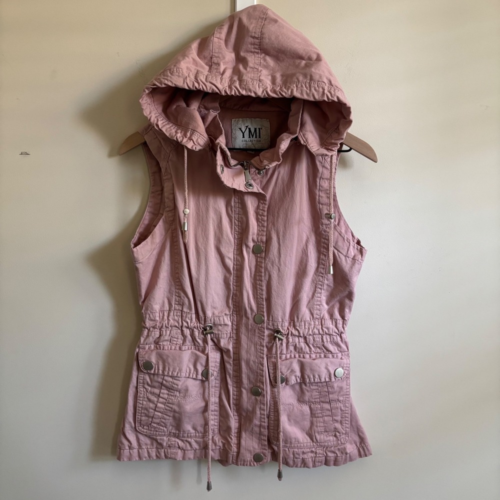 YMI Collection Pink Utility Vest Hooded Cinched Waist Sleeveless Jacket Small